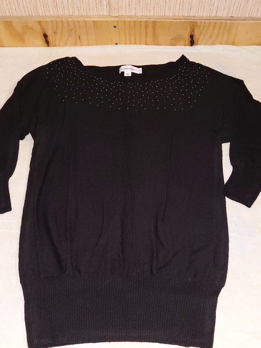 Calvin Klein Black Tunic Style Sweater W/Rhinestones Neckline, 3/4 Sleeves,XS